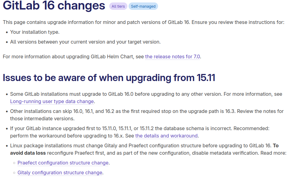 Gitlab documentatie over eventuele upgrade issues